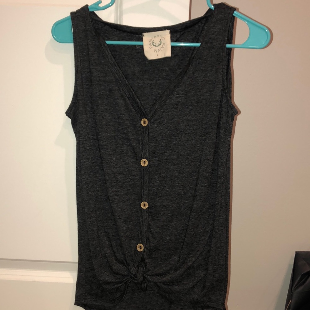 Grey tank top with buttons.